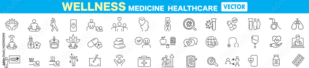 Fototapeta premium Wellness, relaxation, health, exercise, yoga, spa, diet, wellbeing, icon set collection.