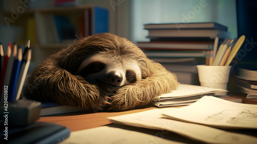 very tired sloth sleeps on lots of files in the office, 