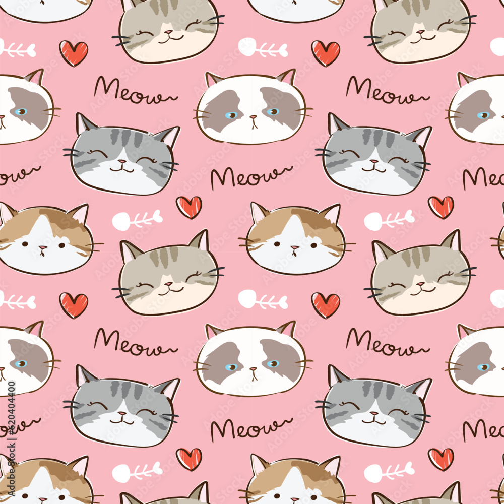 Obraz premium Seamless Pattern of Cartoon Cat Face, Heart and Fish Bone Design on Pink Background