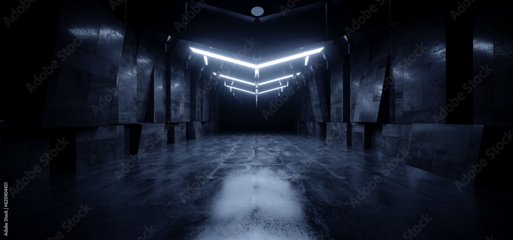 Modern Studio Metal Cement Concrete Asphalt Garage Hangar Tunnel Corridor Showroom Underground Bloom Lights Dark Realistic 3D Rendering