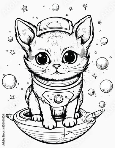 Cute space cats coloring page for kids, Alien cat pirate in a spaceship in galaxy. Cute cosmonaut cats in outer space and rockets illustration.