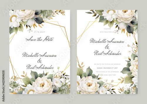 Vector watercolor wedding invitation card template with pink and burgundy floral and leaves decoration
