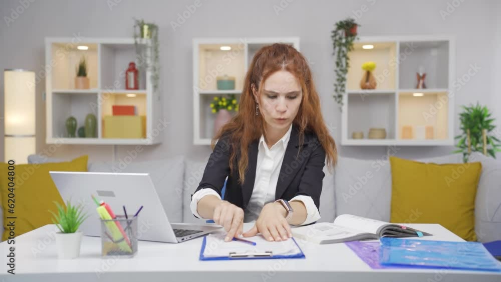 Home office worker woman works confused. Home office worker woman works confused.