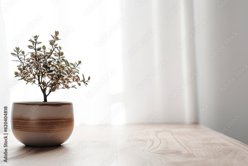 Modern Interior Design Concept with White Wall Background. Tabletop for your product with Tree Pot and Beautiful Plants as Decoration in Room Modern Interior Design Concept with White Wall Background. Tabletop for your product with Tree Pot and Beautiful Plants as Decoration in Room