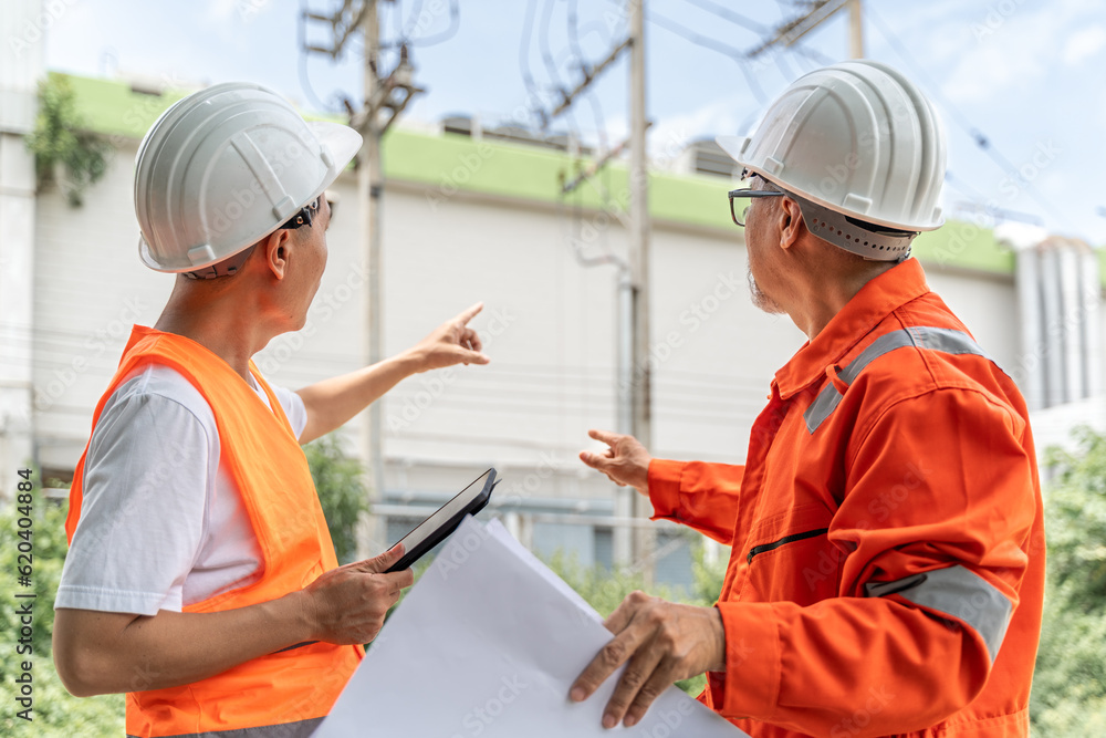 Back view of 2 male engineers or foremen in orange jumpsuit, safety vest and white hardhat, one holding a computer tablet and the other holding a building blueprint, pointing at background building Back view of 2 male engineers or foremen in orange jumpsuit, safety vest and white hardhat, one holding a computer tablet and the other holding a building blueprint, pointing at background building