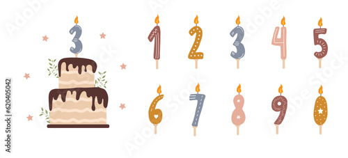 Birthday numbers candles with burning flames. Cute boho elements for celebration. Chocolate cake for anniversary. Vector illustration in flat cartoon style.