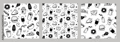 Hand drawn fast food combo. Set of fast food seamless patterns. Comic doodle style. Vector Fast food illustration. Sketch of various fast food snacks.