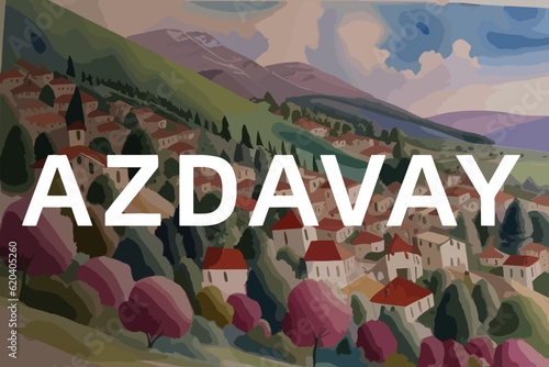 Beautiful watercolor painting of a Turkish scene with the name Azdavay in Kastamonu