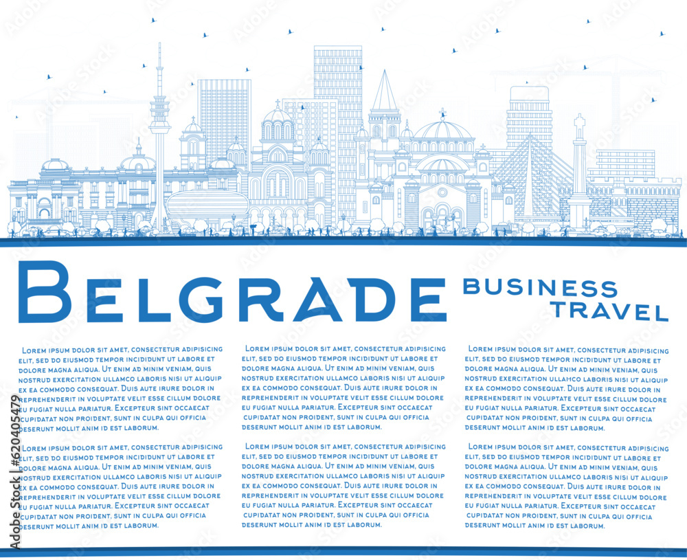 Outline Belgrade Serbia City Skyline with Blue Buildings and Copy Space.