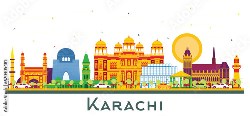 Karachi Pakistan City Skyline with Color Landmarks Isolated on White.