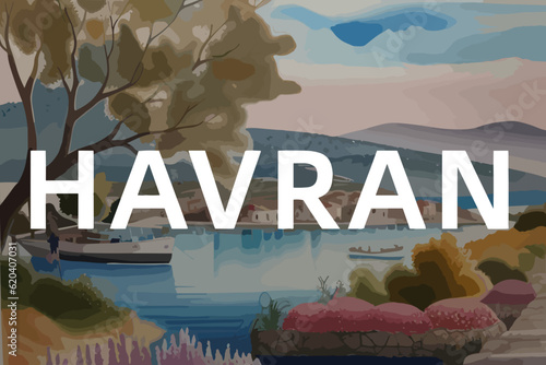 Beautiful watercolor painting of a Turkish village with the name Havran in Balıkesir