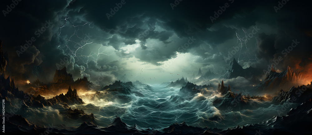 a dark cloudy sea landscape with dark cloudy skies and lots of light Generated by AI
