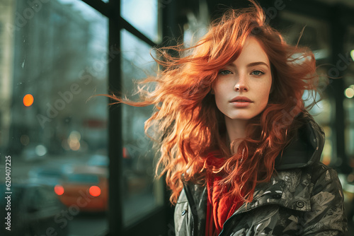 Fotografiet Beautiful young woman in her 20s with long, red hair and freckles on her face st