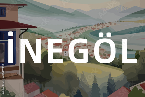 Beautiful watercolor painting of a Turkish village with the name İnegöl in Bursa