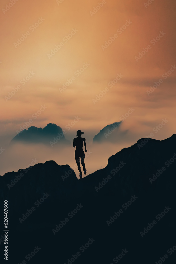 Woman runs in silhouette through the mountains