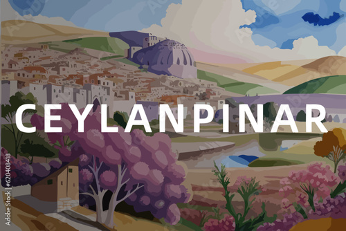 Beautiful watercolor painting of a Turkish village with the name Ceylanpınar in Şanlıurfa