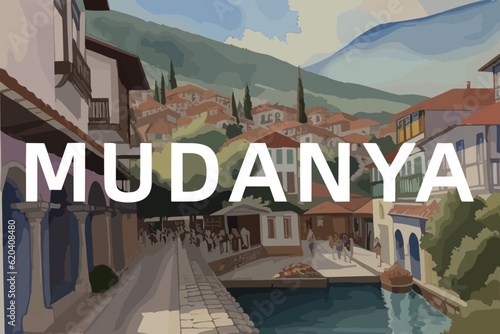 Beautiful watercolor painting of a Turkish village with the name Mudanya in Bursa photo