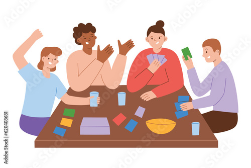 Happy friends playing card game. Hand drawn composition with cartoon men and women. Fun board game for parties. Leisure activity at home. Vector illustration, colored clipart on white background