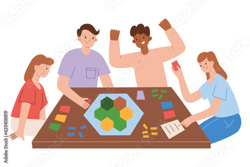 Family and friends playing board game. Hand drawn composition with cartoon men and women. People spend time together, leisure activity at home. Vector illustration of tabletop game with map and tiles