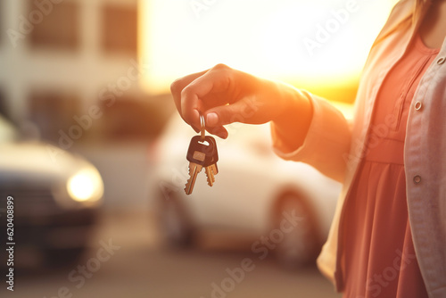 Young woman getting her key in the car. Concept of rent car or buying car. Generative Ai content