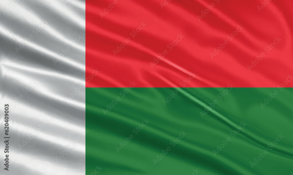 Madagascar flag design. Waving Madagascar flag made of satin or silk fabric. Vector Illustration.