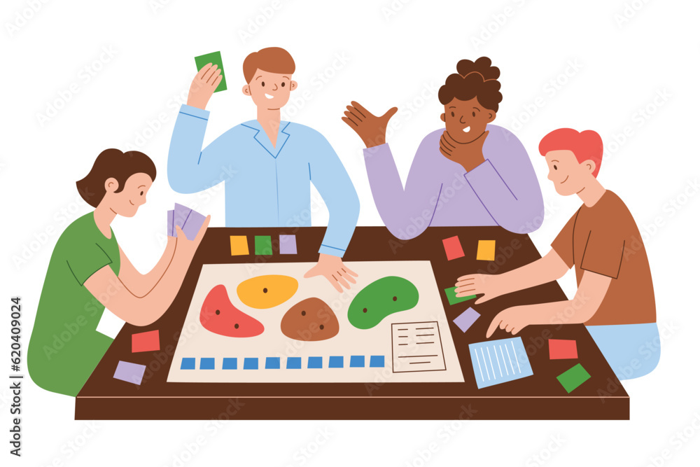 People playing board game. Hand drawn composition of boardgame activity. Vector illustrations of