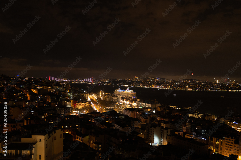 the city of Istanbul on the Bosphorus by night