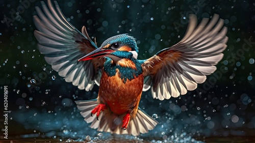 Fotografia, Obraz Magnificent kingfisher halcyon bird with wings spread taking flight bathing in t