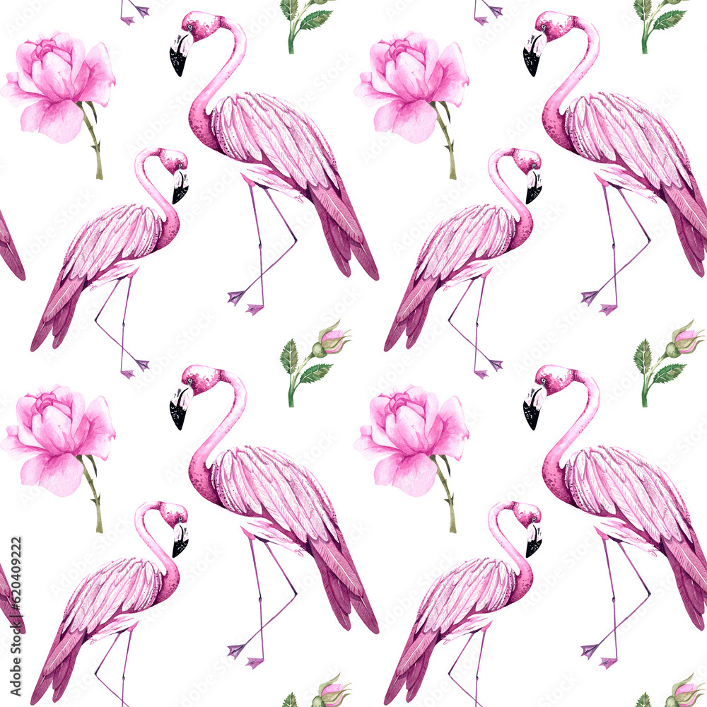 Watercolor summer tropical pattern of flamingos on a white background