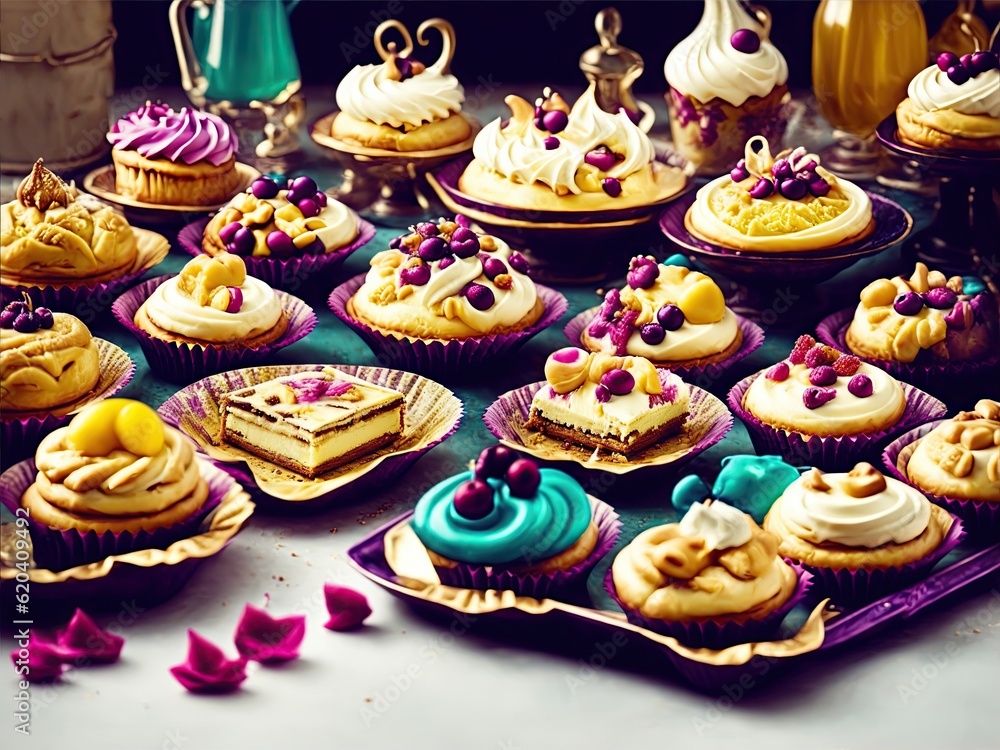 A tray full of delicious pastry desserts on a bakery, AI generated A tray full of delicious pastry desserts on a bakery, AI generated