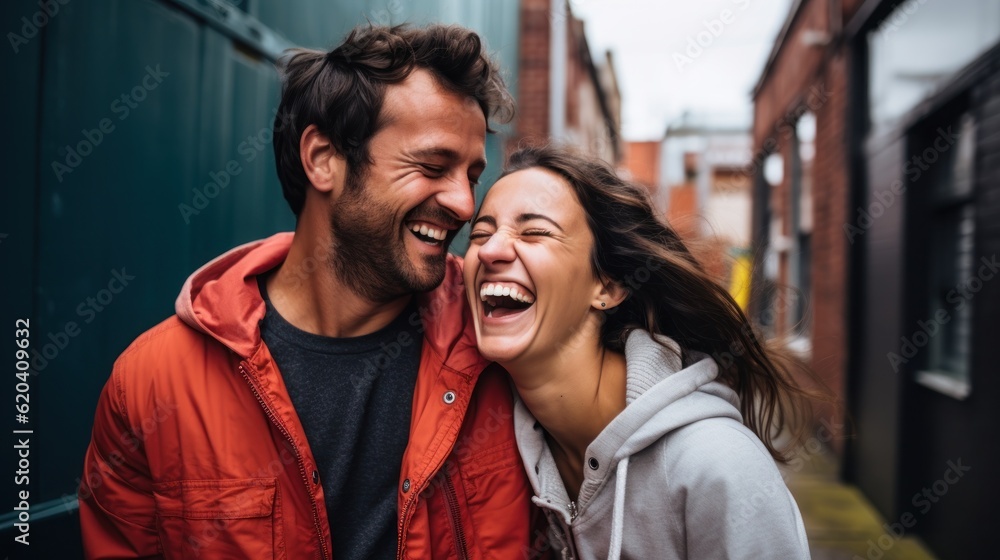 Happy couple on vacation. Lovers are laughing. Happy guy and girl. Lovers enjoy each other outdoor. Generative Ai. Happy couple on vacation. Lovers are laughing. Happy guy and girl. Lovers enjoy each other outdoor. Generative Ai.