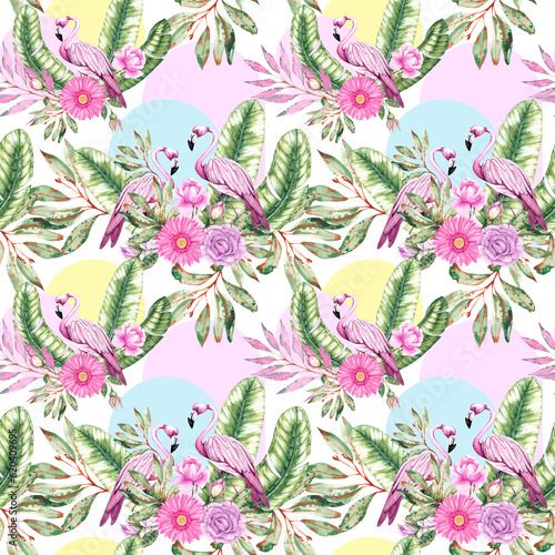 Watercolor summer tropical pattern of flamingos on a white background