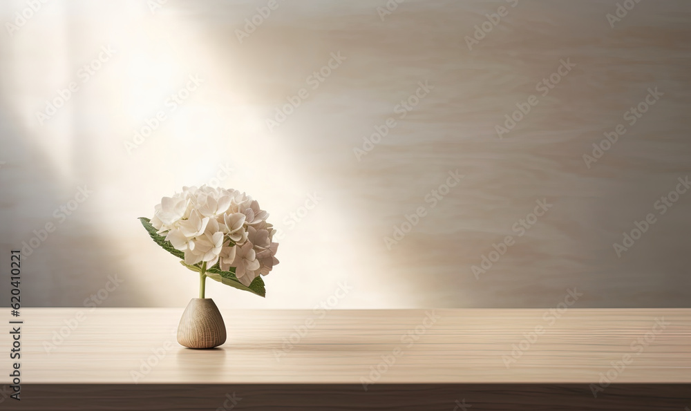  a vase with a white flower on a wooden table in front of a wall.  generative ai