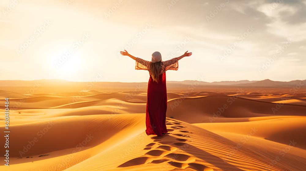 Fototapeta premium Woman wearing hijab walking in the desert sand dunes at sunset - Happy traveler with arms up enjoying freedom outside - Wanderlust, wellbeing, happiness and travel concept