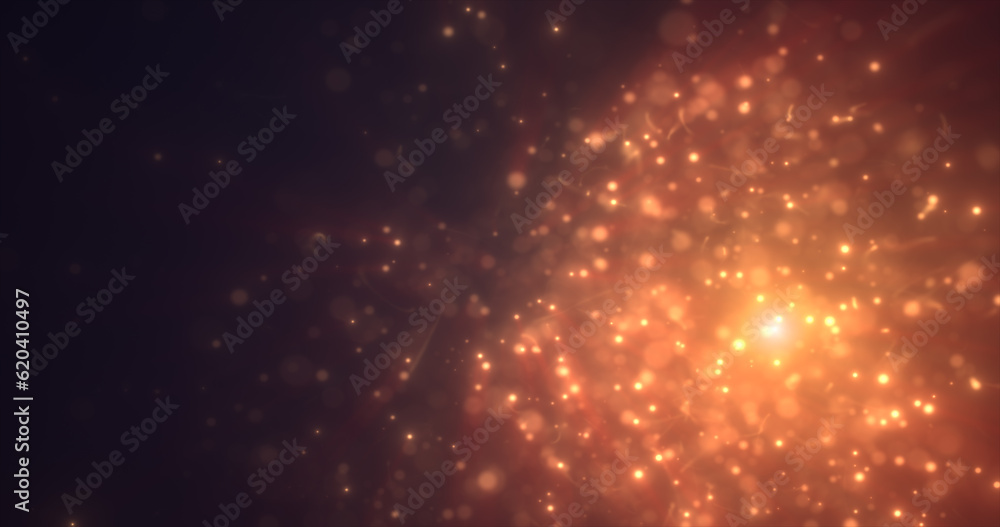 Abstract yellow orange energy particles and dots glowing flying sparks festive with bokeh effect and blur background