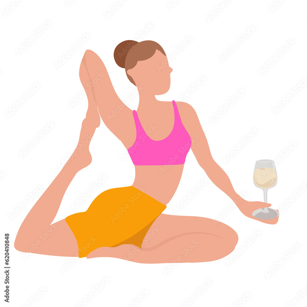 Yoga and Wine Girl. Girl with wine glass doing yoga, asana, meditation. Funny and colorful image for posters, stickers, greeting card, banner, invitation
