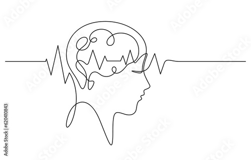 brain waves pulse in human head scan continuous line drawing