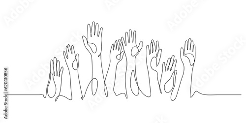 hands up, raised up volunteering,audiences and teamwork continuous line drawing