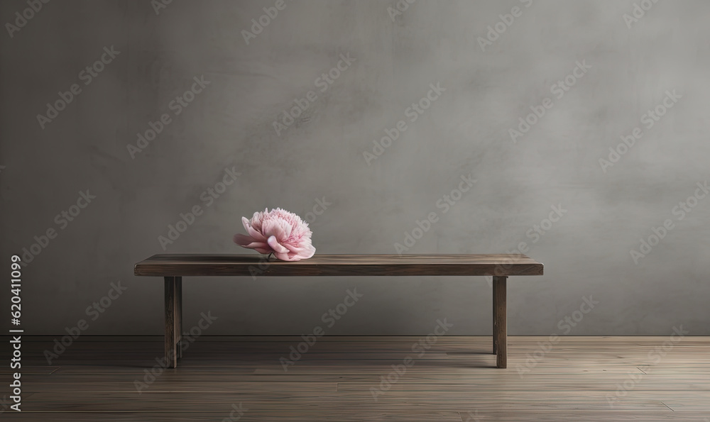  a pink flower sitting on top of a wooden table on a hard wood floor.  generative ai