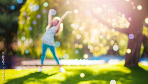 Defocused bokeh effect positive concept background of unrecognizable people enjoying healthy lifstyle exercising fitness outside photo