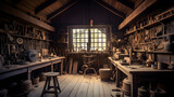 Woodworking workshop. An old shed type wood worker or carpenter's work place with old tools on the wall and rustic feel.