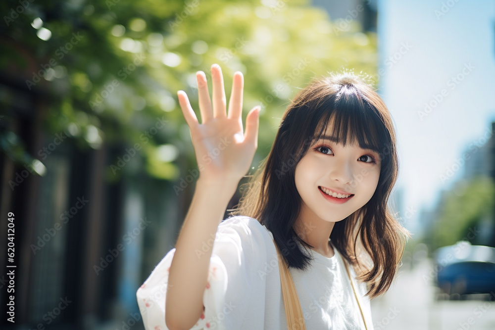 笑顔で手を振る女性（AI生成）