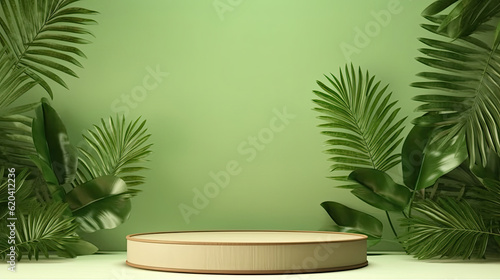 An empty wooden plate in front of a green wall with some green leaves to present products.