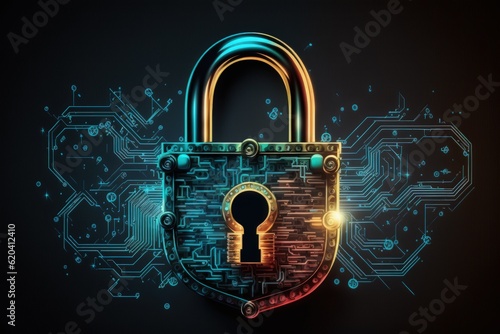 Cybersecurity Padlock, Digital Lock on Technology Network Data Protection cyber securitym, locker created, private information, Firewall from hacker attack, Shield Key lock security photo