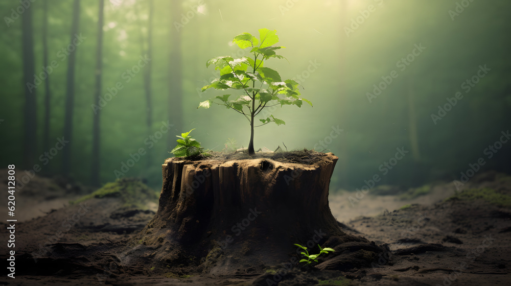 Young tree emerging from old tree stump Young tree emerging from old tree stump
