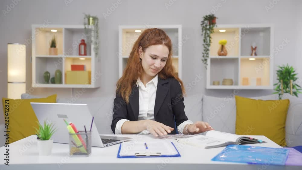 Home office worker woman making money and feeling happy. Home office worker woman making money and feeling happy.