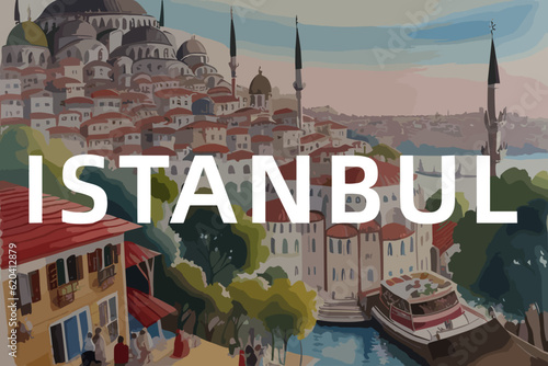 Beautiful watercolor painting of a Turkish village with the name Istanbul in İstanbul