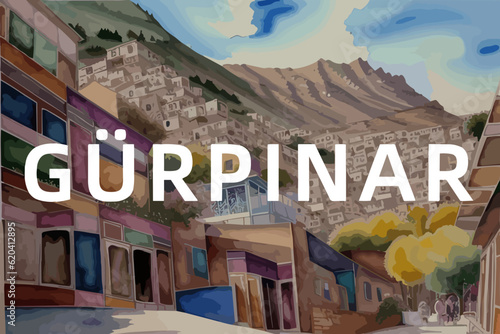 Beautiful watercolor painting of a Turkish village with the name Gürpınar in Van