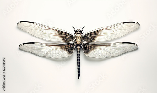  a dragonfly is sitting on a white surface with its wings spread. generative ai