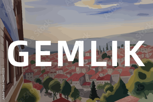 Beautiful watercolor painting of a Turkish village with the name Gemlik in Bursa